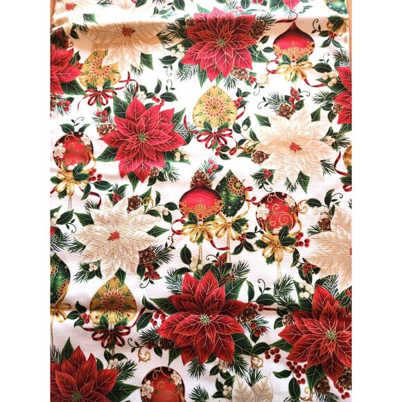 Christmas Table Runner Poinsettia Ornament Festive Floral Holiday Red White - Picture 2 of 4